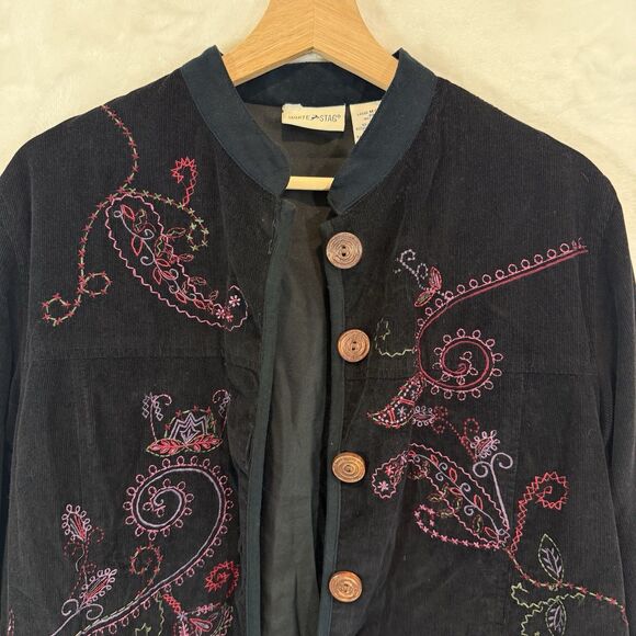 VTG Corduroy Jacket Black Grandma Embroidered Floral Boho Hippie 90s y2k - Picture 4 of 11